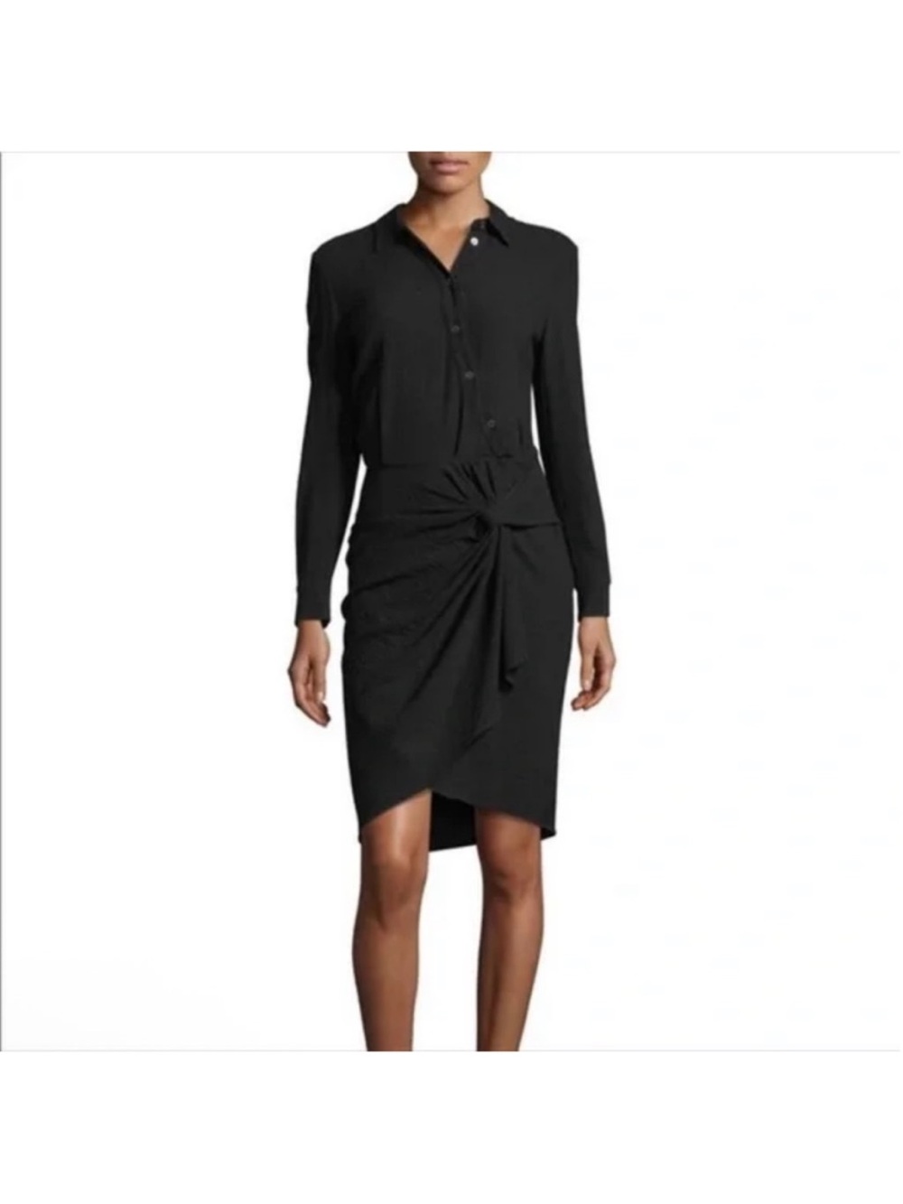Veronica Beard Black Long-Sleeve Knot Front Shirt Dress